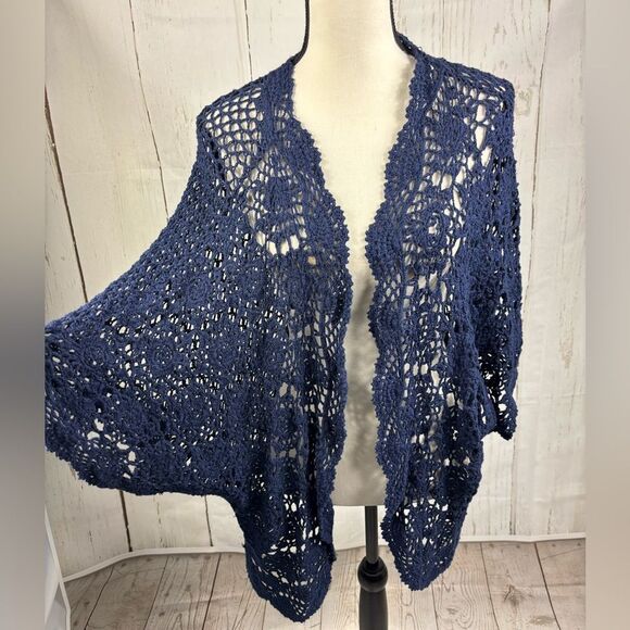 Jessika London Navy Crocket Knit Cardigan Coverup Open Front Ramie Cotton - Picture 2 of 6
